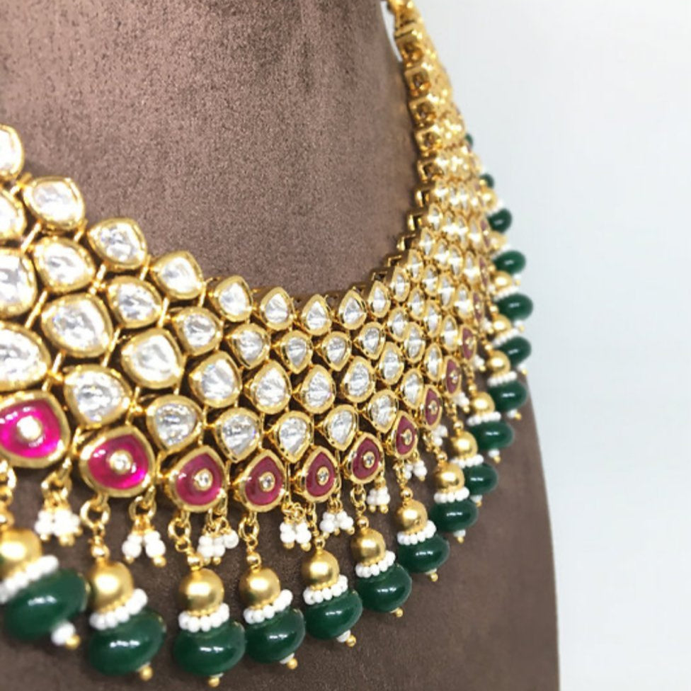 Vilandi Kundan Polki Necklace with lovely earrings - Next to real gold look - MR Jewels